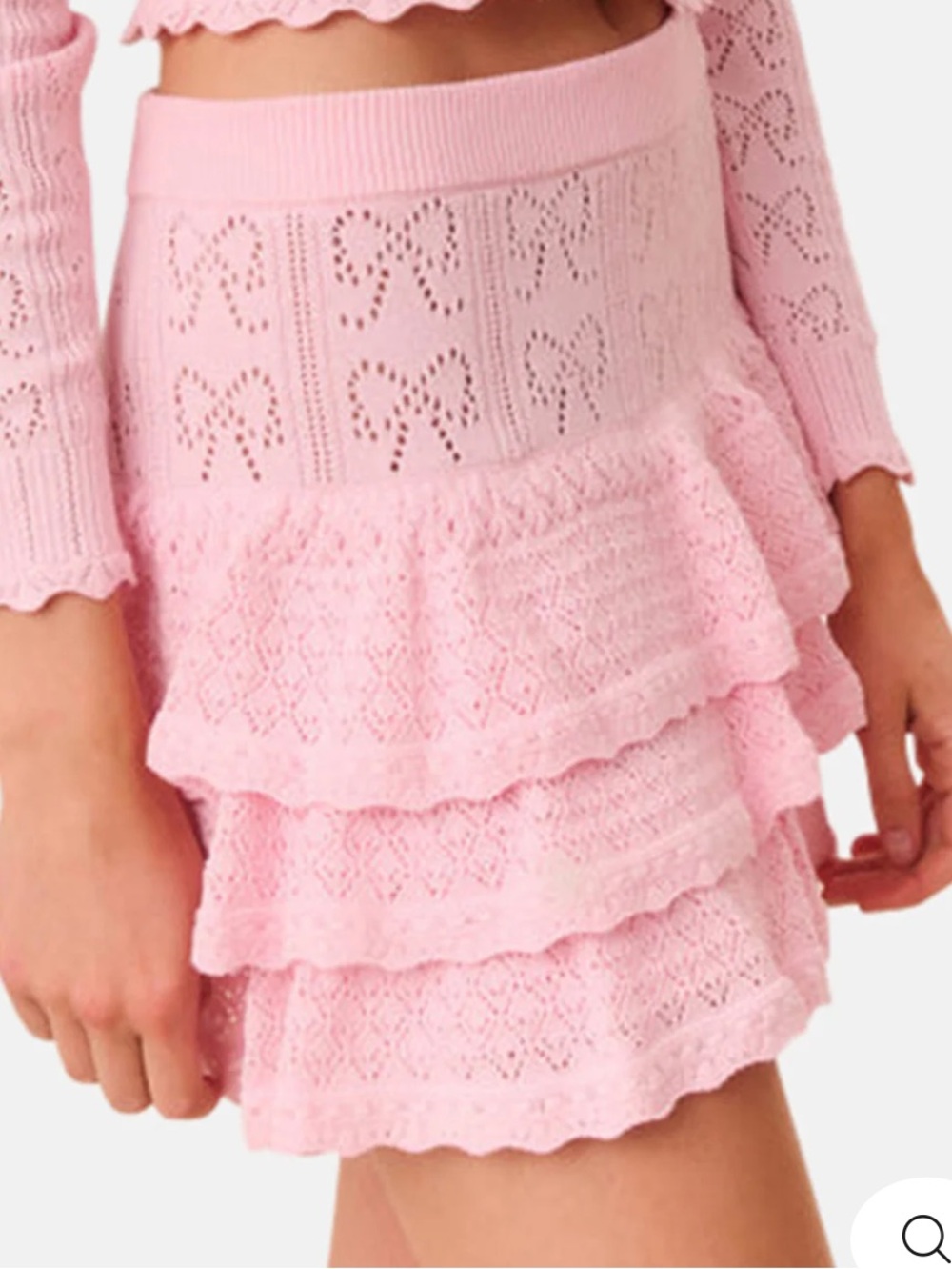 LoveShackFancy Ballerina Pink Baudin Bow Pointelle tiered knit mini skirt size L - Picture 3 of 16